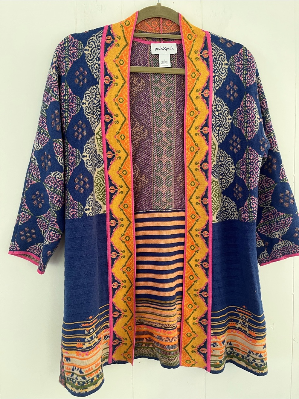 Peck & Peck Boho Royal Blue Mustard Yellow Pink Floral Open Cardigan Size Small - Picture 6 of 12